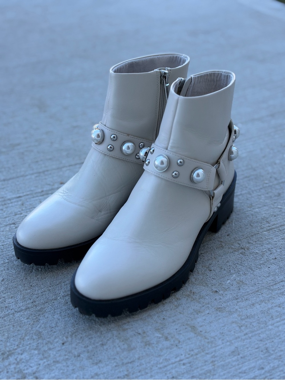 Karl Lagerfeld Pearl-Accent Cream Ankle Boots